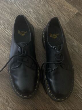 Dr. Martens Men’s Black 3-Eye Leather Oxfords with Yellow Stitching